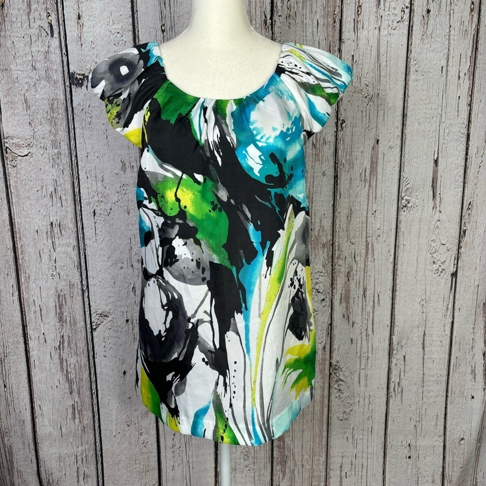 Y2K Express Blouse Multicolor Puffy Cap Sleeves Medium 2008 Satin Feel Zipper